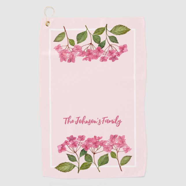 Watercolor Pink Hydrangea Lacecaps Illustration Golf Towel (Front)