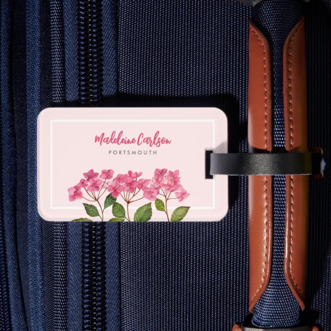 Watercolor Pink Hydrangea Lacecaps Illustration Luggage Tag (Back Insitu 2)