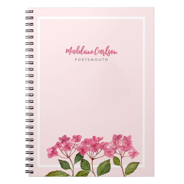 Watercolor Pink Hydrangea Lacecaps Illustration Notebook (Front)