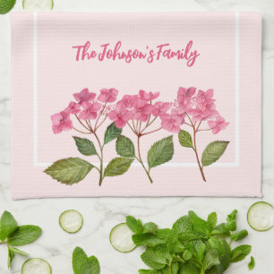 Watercolor Pink Hydrangea Lacecaps Illustration Tea Towel