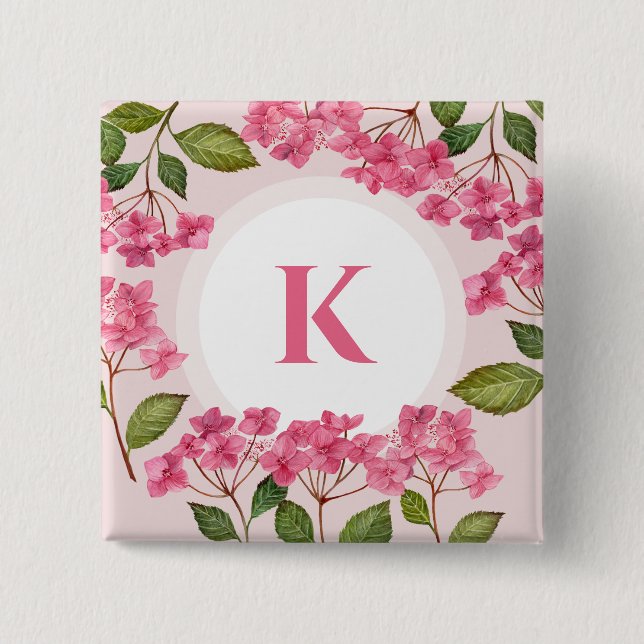 Watercolor Pink Hydrangea Lacecaps Monogram 15 Cm Square Badge (Front)