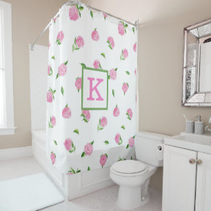 Watercolor Pink Hydrangea Monogram Elegant Floral Shower Curtain