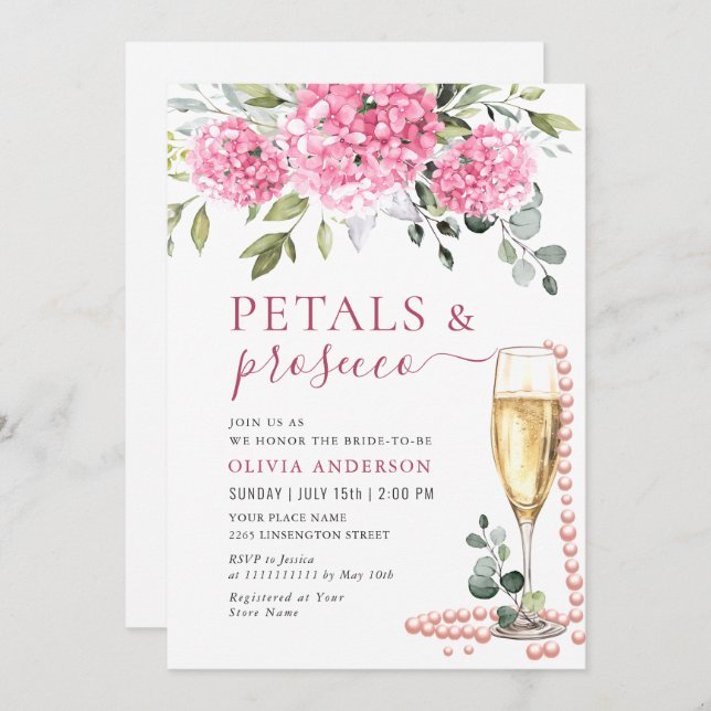Watercolor Pink Hydrangea PETALS & Prosecco Invitation (Front/Back)