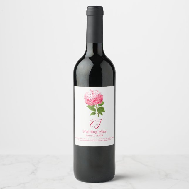 Watercolor Pink Hydrangea Wine Label (Front)
