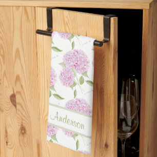 Watercolor Pink Hydrangea With Text Border Tea Towel