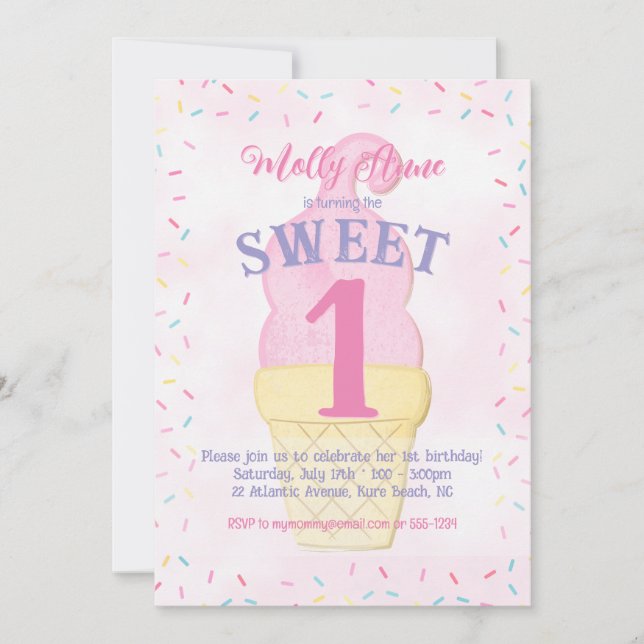 Watercolor Pink Ice Cream Cone Birthday Girl Invitation (Front)