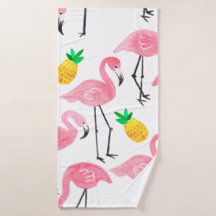 Watercolor pink ink flamingo and yellow pineapple  bath towel