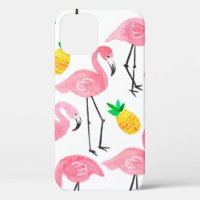 Watercolor pink ink flamingo and yellow pineapple