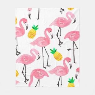 Watercolor pink ink flamingo and yellow pineapple fleece blanket