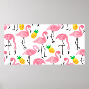 Watercolor pink ink flamingo and yellow pineapple poster