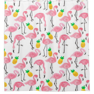Watercolor pink ink flamingo and yellow pineapple shower curtain