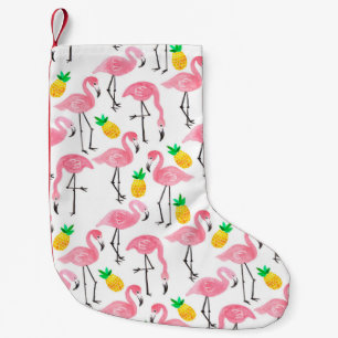 Watercolor pink ink flamingo and yellow pineapple small christmas stocking