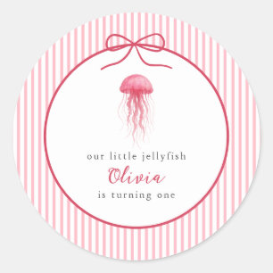 Watercolor Pink Jellyfish Bow Girl 1st Birthday Classic Round Sticker