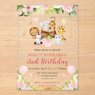 Watercolor Pink Jungle Animals Kids Birthday Acrylic Invitations