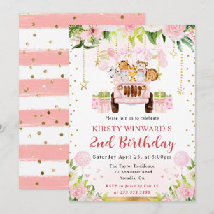 Watercolor Pink Jungle Animals Kids Birthday Invitation