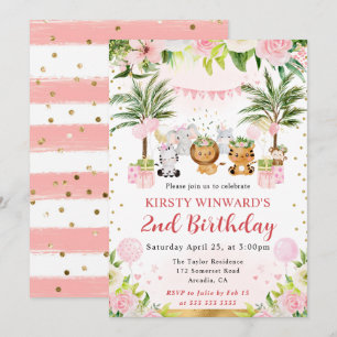 Watercolor Pink Jungle Animals Kids Birthday Invitation
