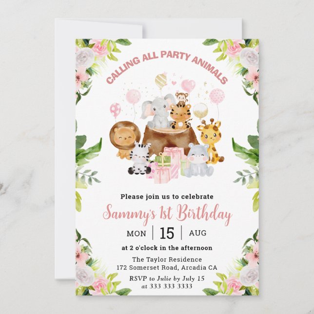 Watercolor Pink Jungle Animals Kids Birthday Invitation (Front)