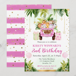 Watercolor Pink Jungle Animals Kids Birthday Invitation