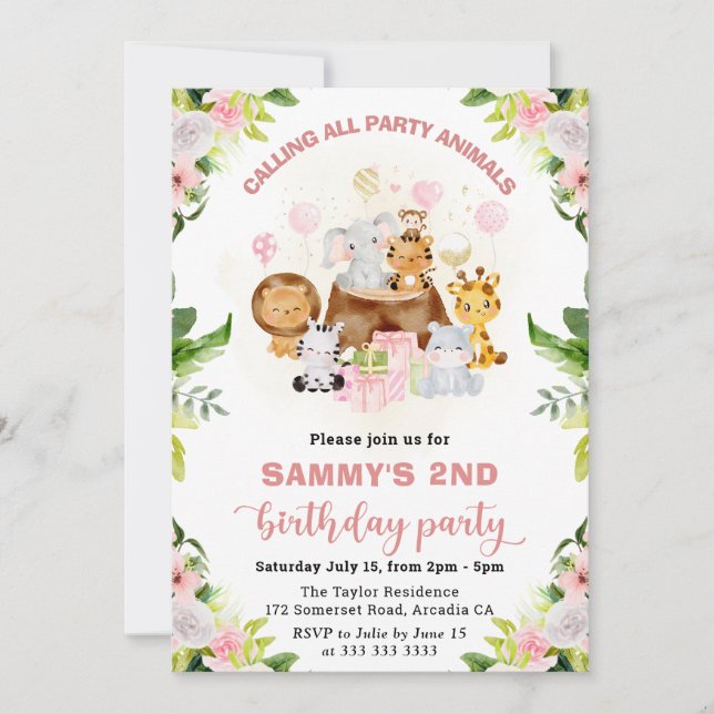Watercolor Pink Jungle Animals Kids Birthday Invitation (Front)