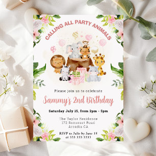 Watercolor Pink Jungle Animals Kids Birthday Invitation