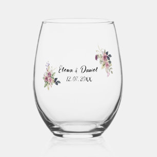 Watercolor pink lavender roses minimalist stemless wine glass