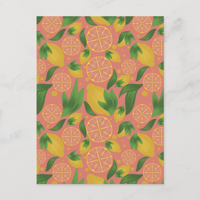 Watercolor Pink Lemon Fruit Pattern Postcard (Front)