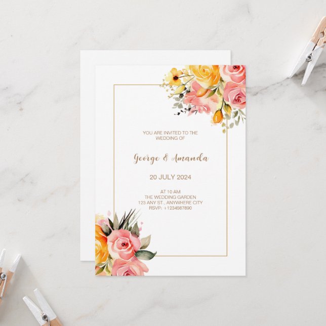 Watercolor Pink Lemonade Wedding Invitation (Front/Back In Situ)