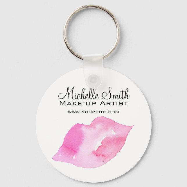 Watercolor pink lips makeup branding key ring (Front)