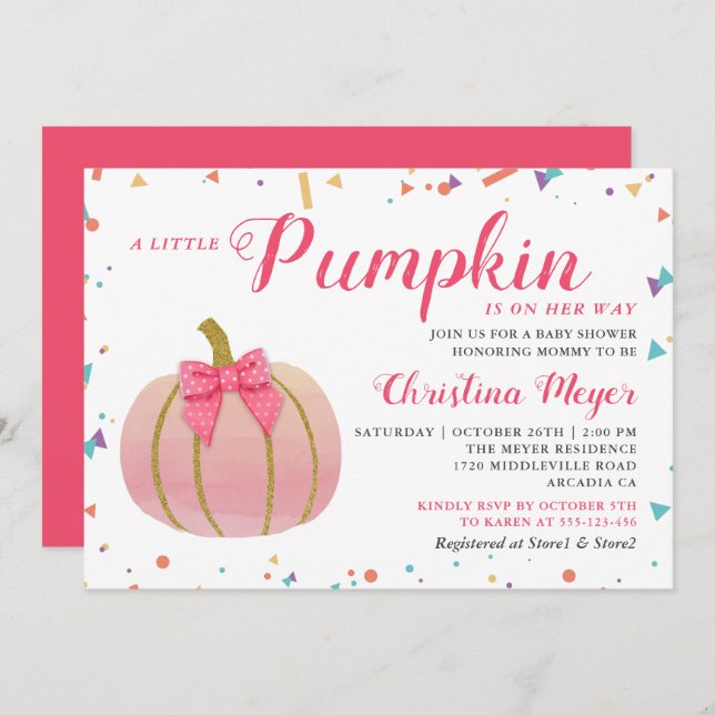 Watercolor Pink Little Pumpkin Baby Shower Invitation (Front/Back)