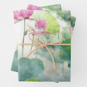 Watercolor Pink Lotus Flowers with Leaves  Wrapping Paper Sheet