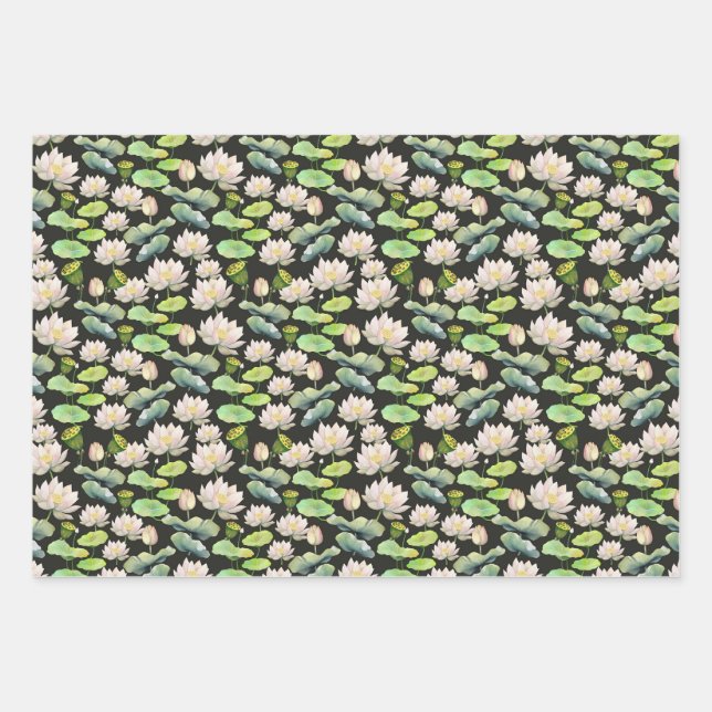 Watercolor Pink Lotus Seamless Pattern Wrapping Paper Sheet (Front)