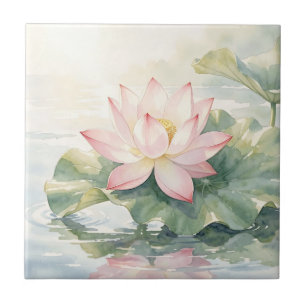 Watercolor Pink Lotus Serenity Ceramic Tile