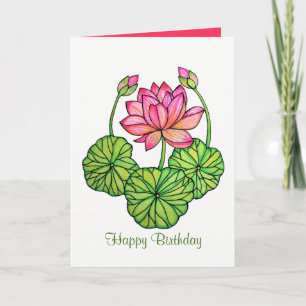 Watercolor Pink Lotus with Buds & Leaves Card