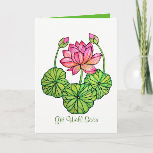 Watercolor Pink Lotus with Buds & Leaves Card