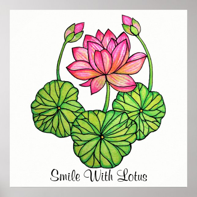 Watercolor Pink Lotus with Buds & Leaves Poster (Front)