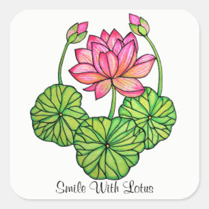 Watercolor Pink Lotus with Buds & Leaves Square Sticker