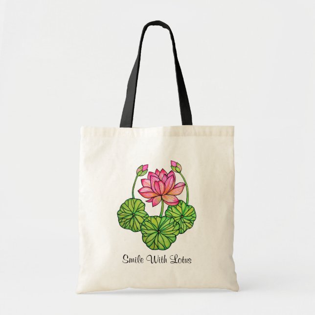 Watercolor Pink Lotus with Buds & Leaves Tote Bag (Front)