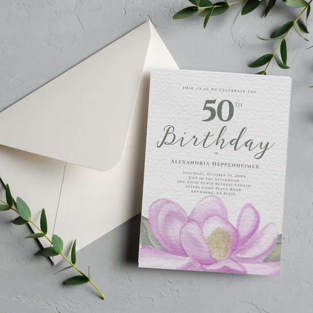 Watercolor Pink Magnolia 50th Birthday  Invitation (Watercolor Pink Magnolia 50th Birthday Invitation)