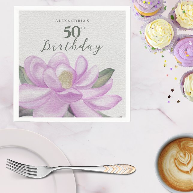 Watercolor Pink Magnolia 50th Birthday Napkin (Watercolor Pink Magnolia 50th Birthday Napkins)