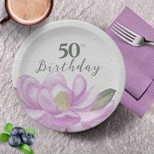 Watercolor Pink Magnolia 50th Birthday Paper Plate