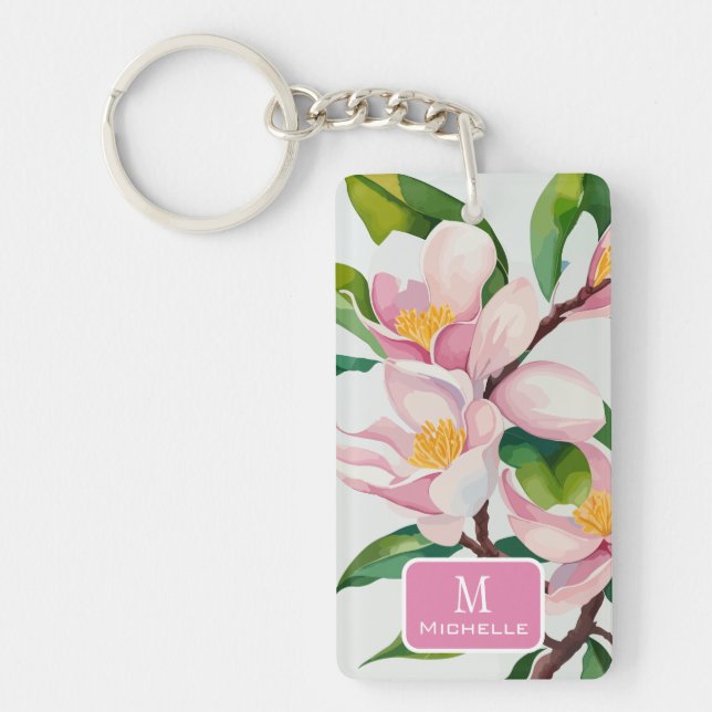 Watercolor Pink Magnolia Botanical Monogram Key Ring (Front)
