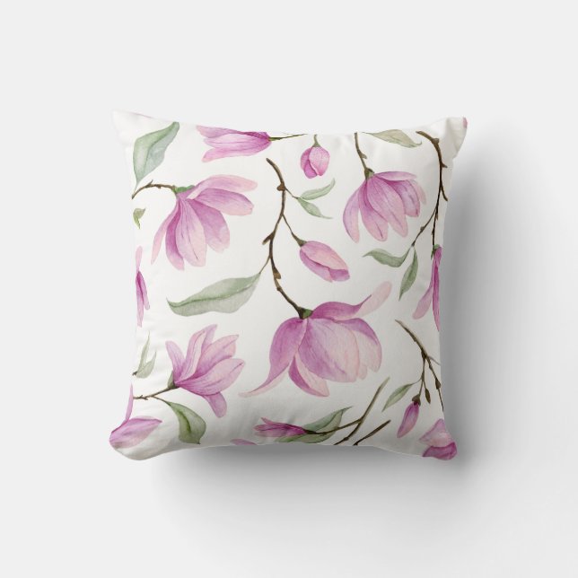 Watercolor pink magnolia flowers and leaves seamle cushion (Front)