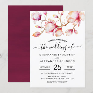 Watercolor Pink Magnolia Flowers Invitation