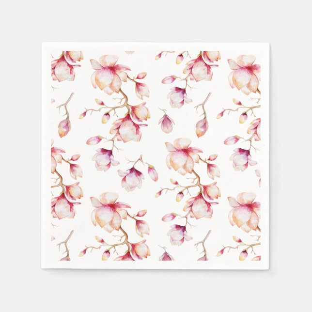 Watercolor Pink Magnolia Flowers Napkin (Front)