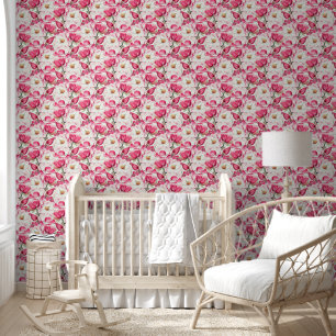 Watercolor Pink Magnolia Flowers Pattern Wallpaper