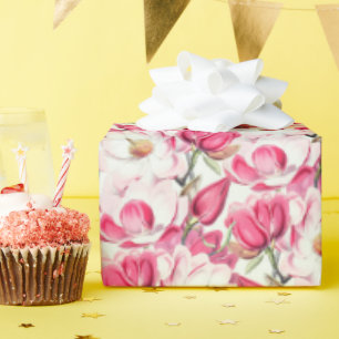 Watercolor Pink Magnolia Flowers Pattern Wrapping Paper