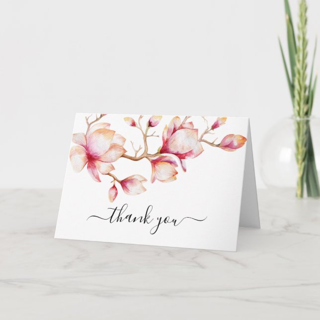Watercolor Pink Magnolia Flowers Thank You Card (Front)