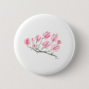 Watercolor Pink Magnolia Nature Botanical Floral 6 Cm Round Badge