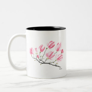 Watercolor Pink Magnolia Nature Botanical Floral Two-Tone Coffee Mug
