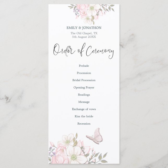 Watercolor Pink Magnolias Butterfly Script Wedding Program (Front)
